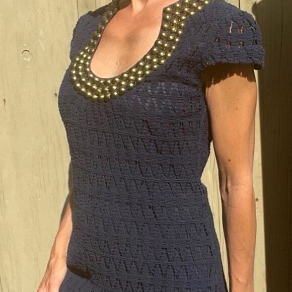 Trina Turk Navy Crochet Mini Dress with Embellished Collar Size 8 - Picture 2 of 8